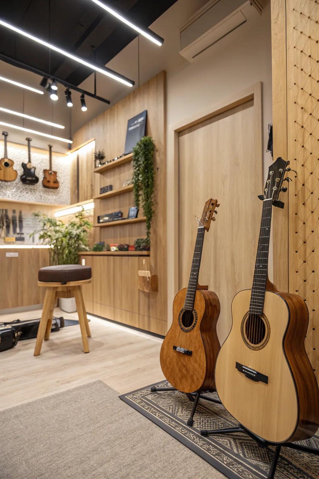 Sustainable materials adding warmth and charm to the eco-friendly space.
