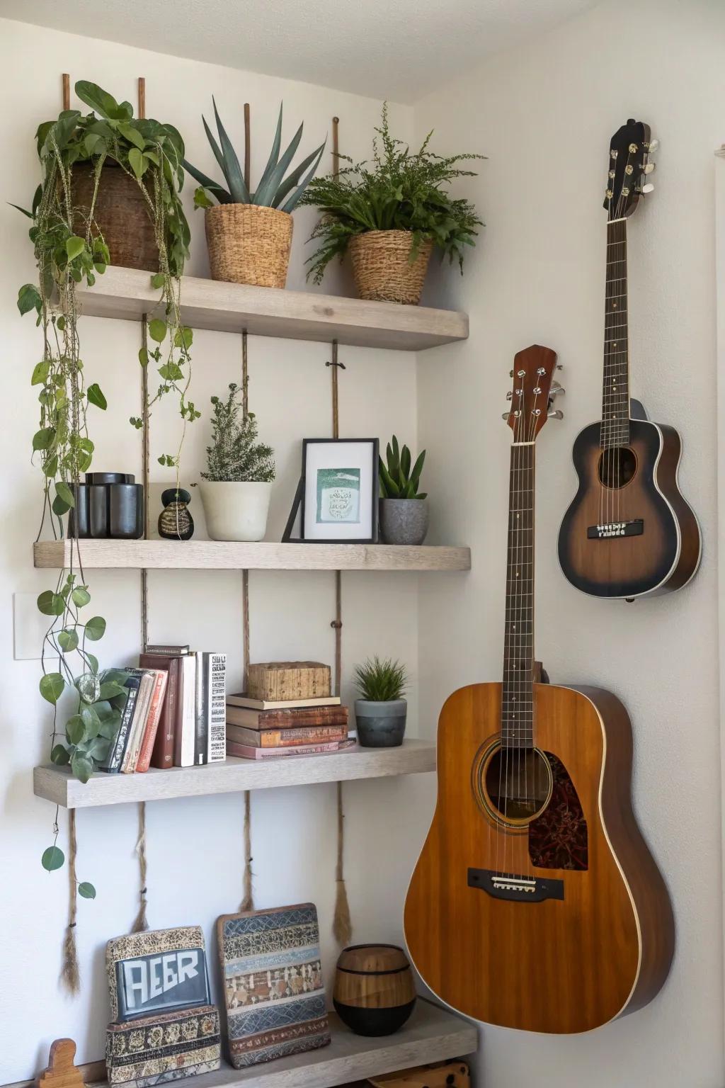 Instruments presented alongside suspended ledges, for added intrigue.