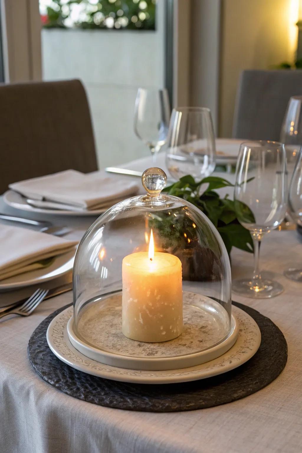 A display cover with a candle furnishes a snug Halloween setting.