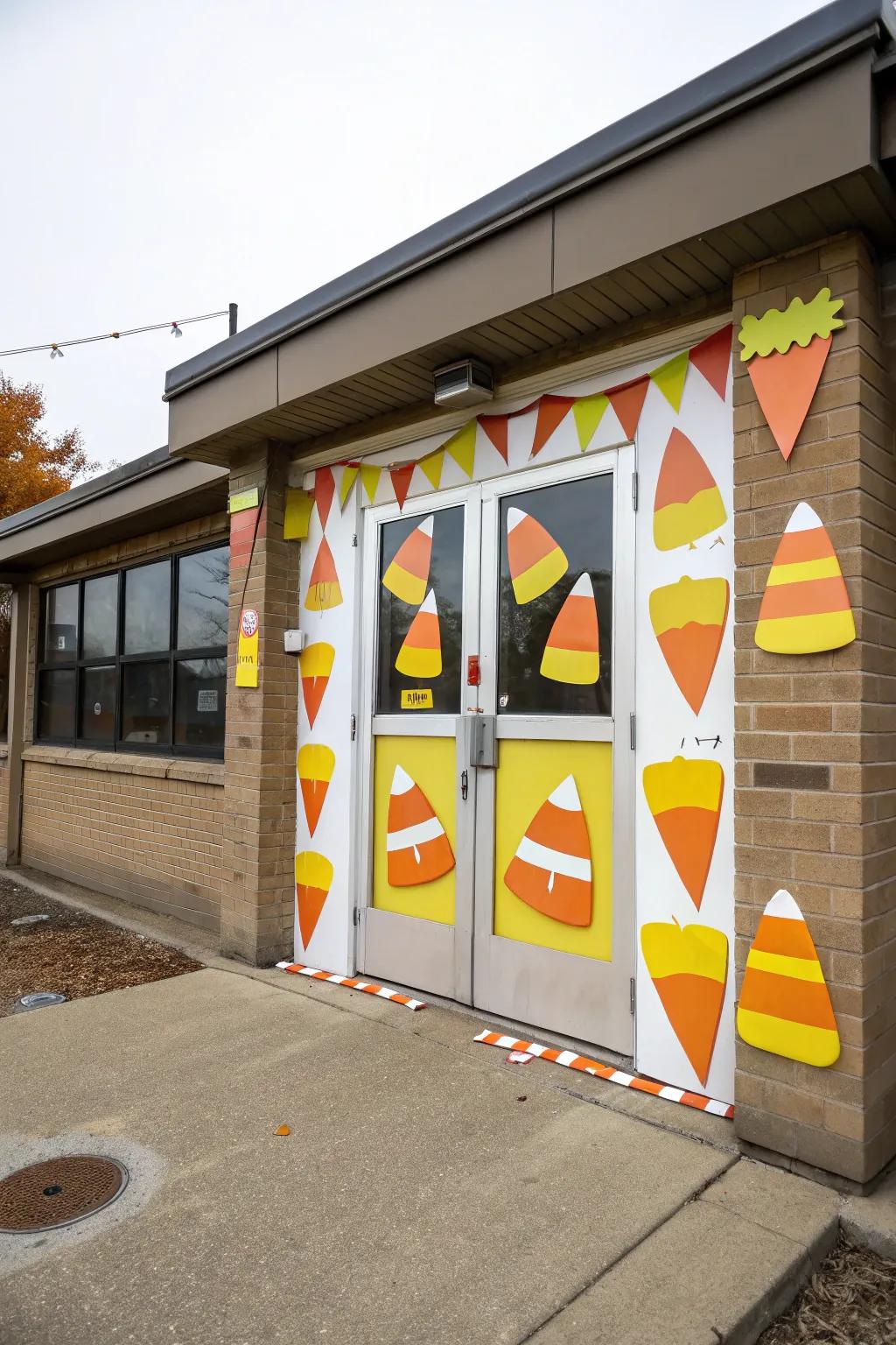 An entrance themed around confection kernels, emitting saccharine Halloween vibes.