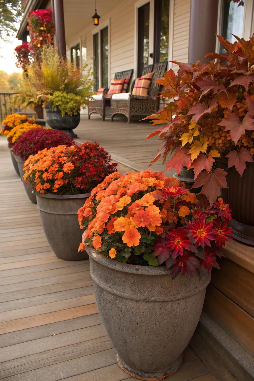 Vegetation in autumn colors contributes a vibrant touch to this Halloween entrance.