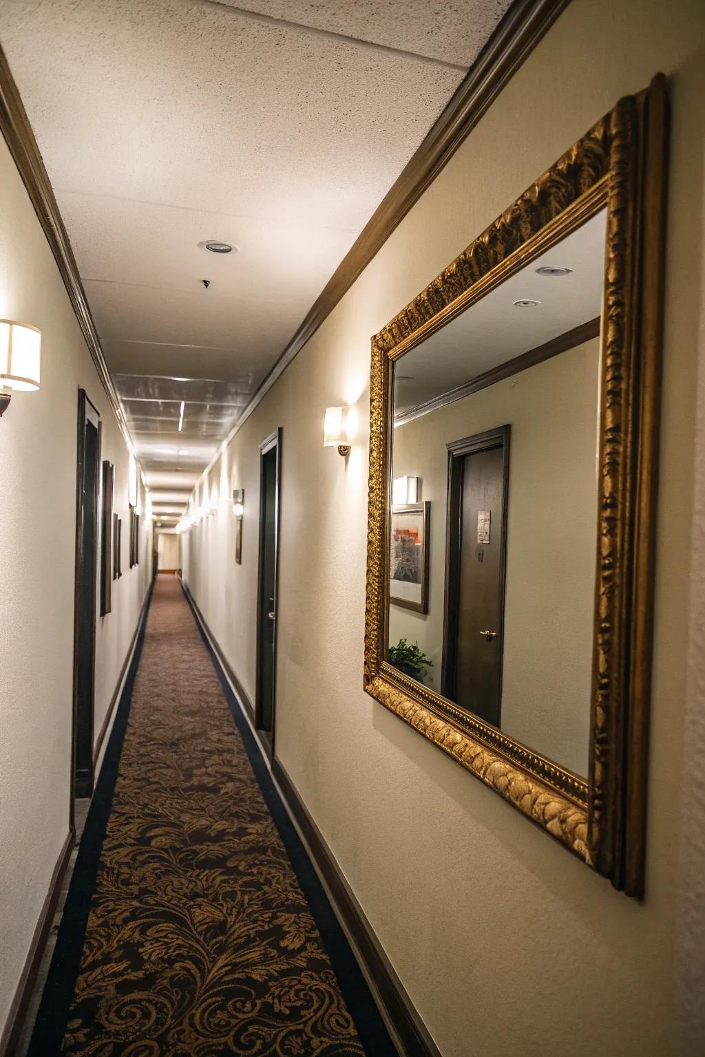 Side wall mirrors amplify depth and light in narrow halls.