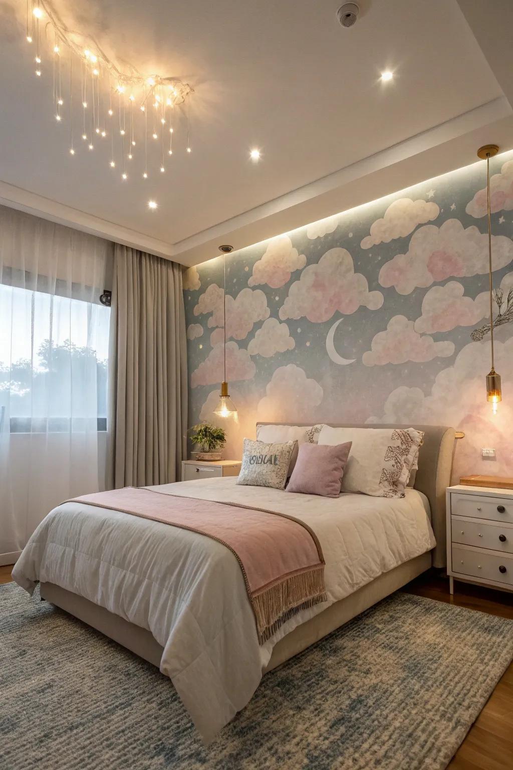 Dreamy clouds fashion a serene atmosphere in this slumber space.