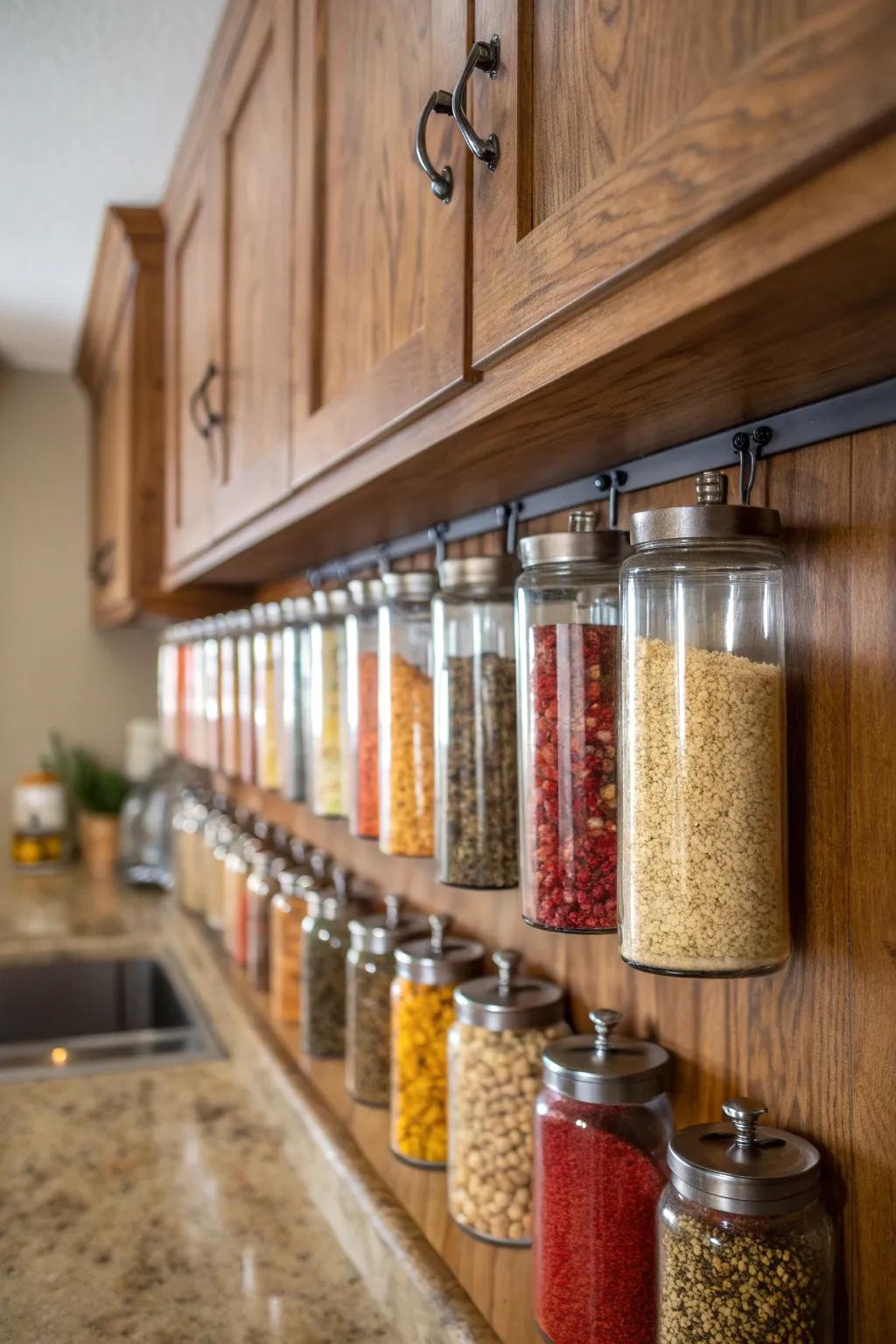 Hanging jars offer a charming storage answer for must-have cooking area items.
