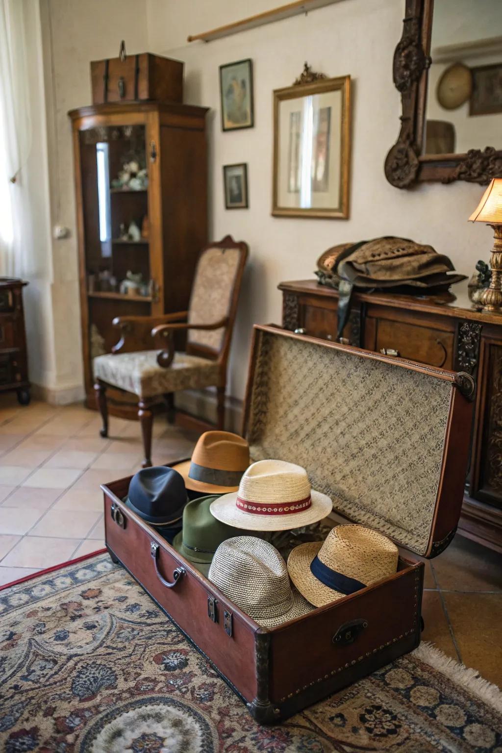 Hats are stored within a vintage suitcase.