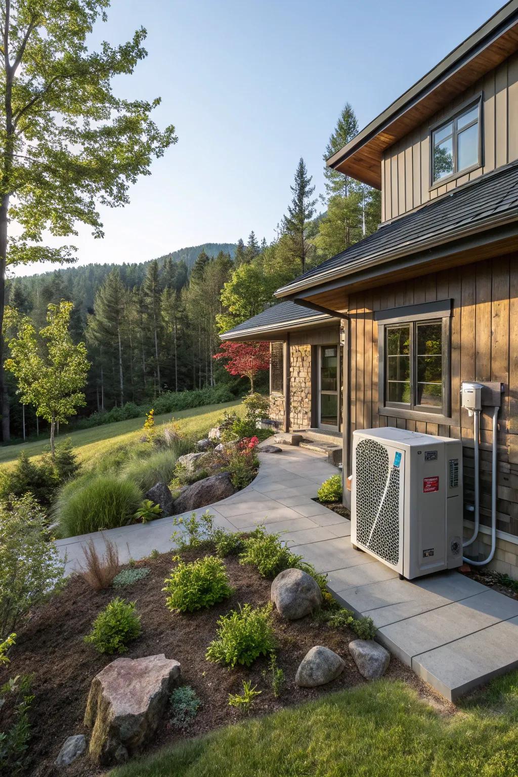 A residential exterior showcasing a ground-source heat exchanger system, blending with the natural landscape.