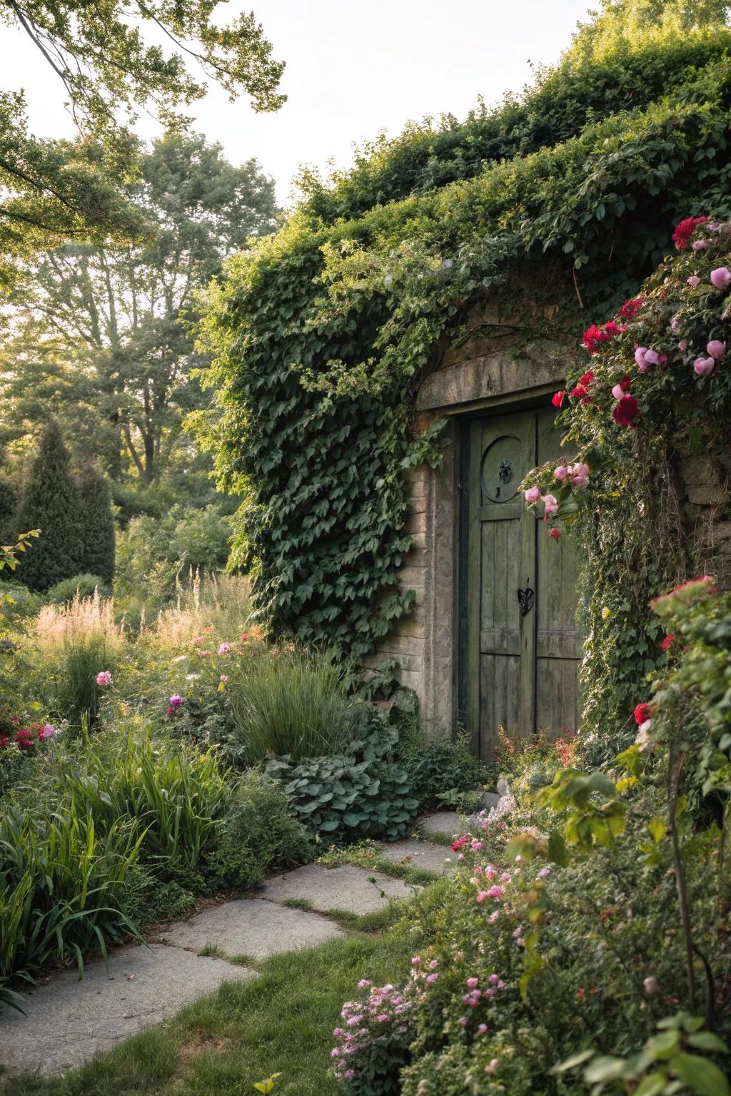 Nature conceals a portal with exuberant verdure.