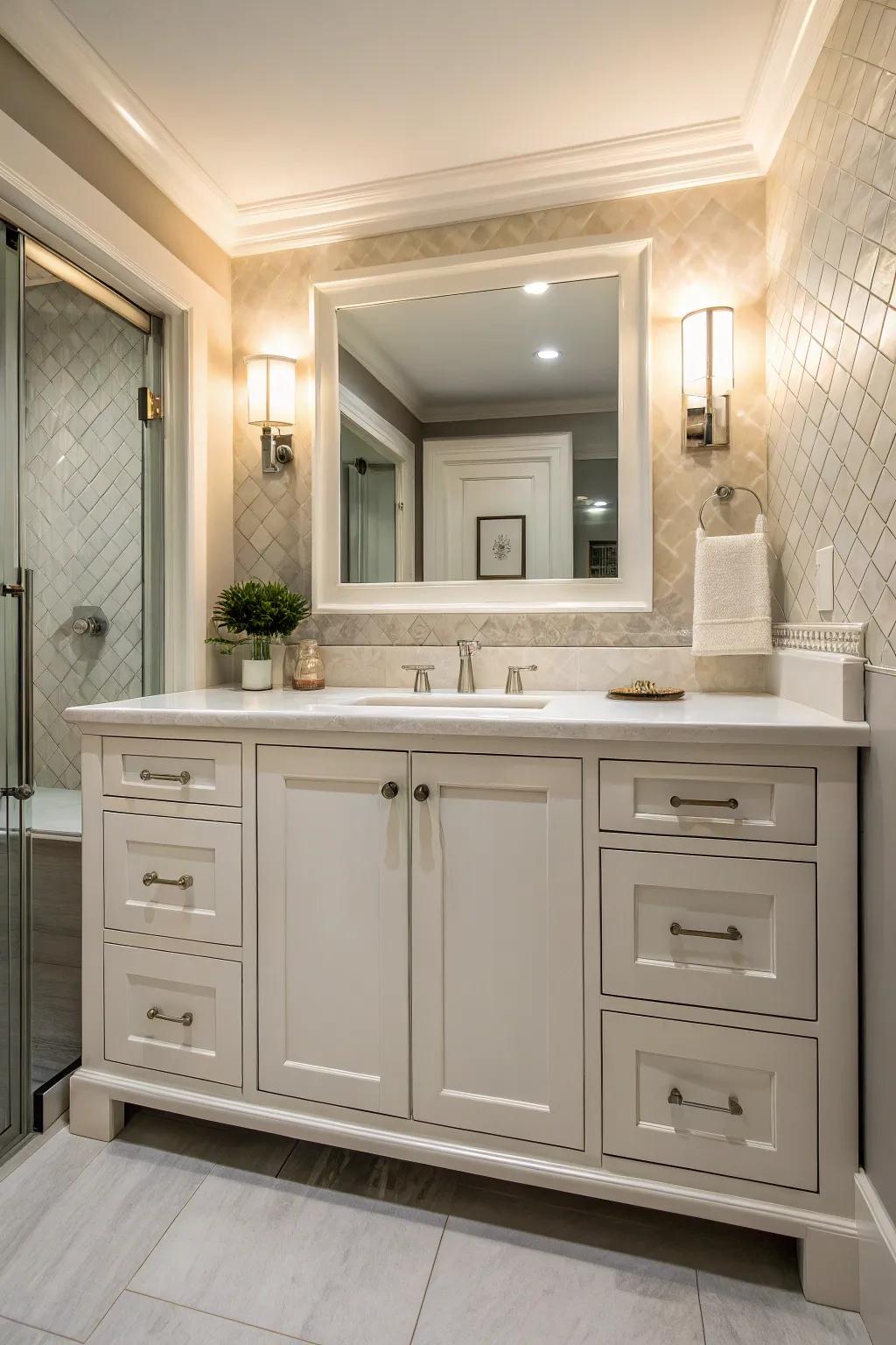 A custom vanity featuring an ingeniously integrated hidden cabinet.