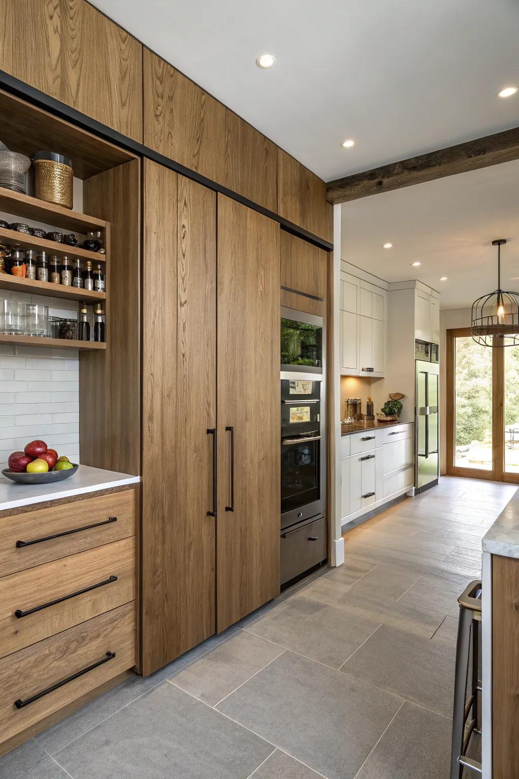 Lumber and contemporary coats concealing a concealed larder in the cooking area.