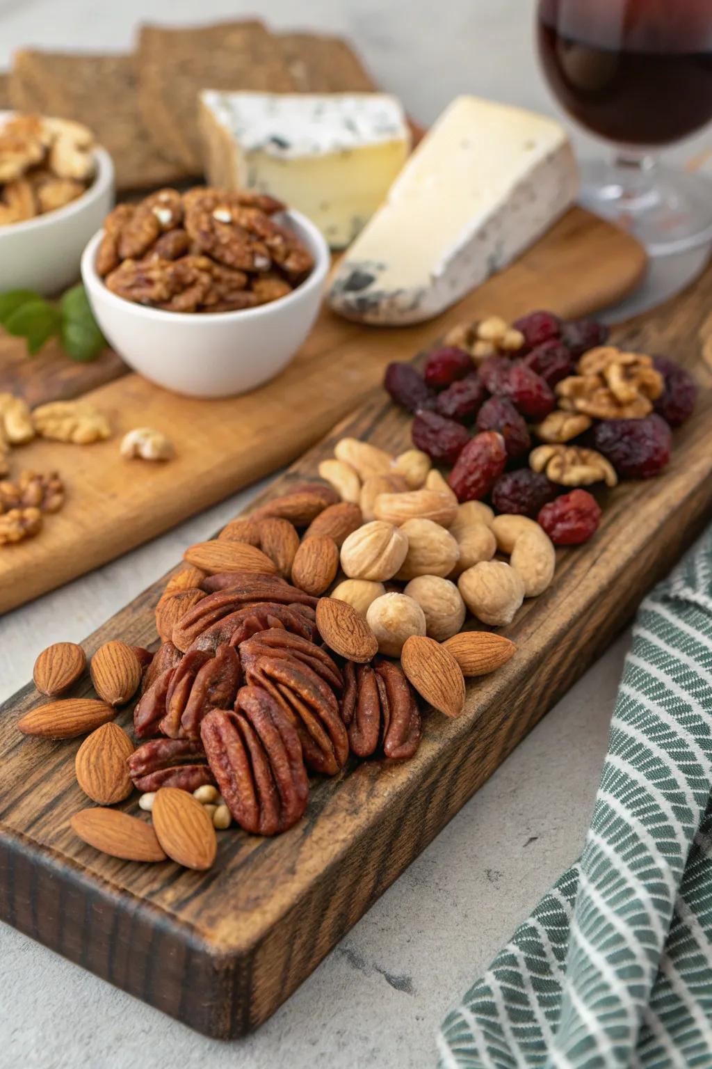 A charcuterie board rich with nutty nibbles.