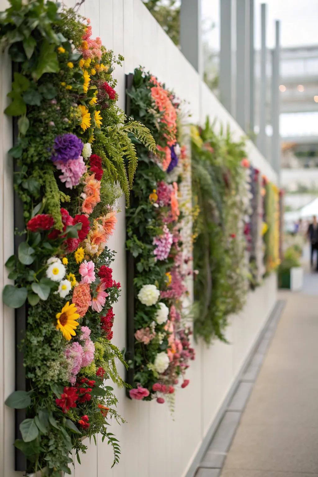 Upright botanical displays convert walls into vibrant art exhibitions.
