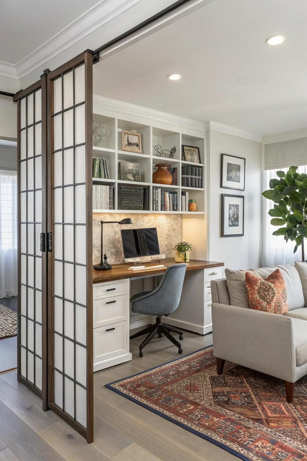 Room dividers elegantly distinguish work from leisure areas within a home office.