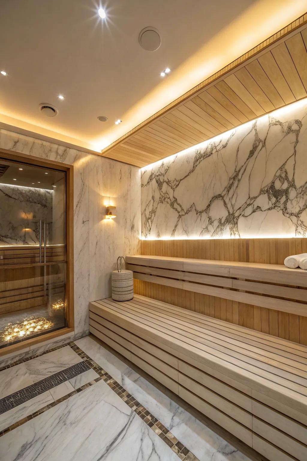 Lavish finishes transform this sauna into an opulent escape.