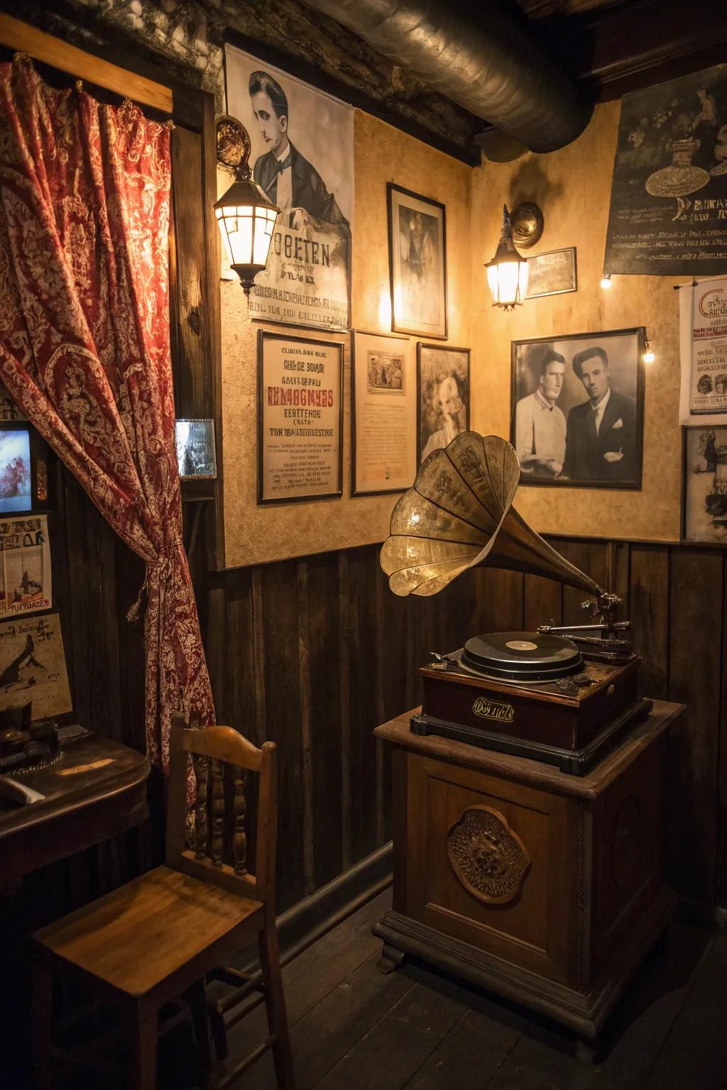 A classic gramophone brings genuine sound to your speakeasy.