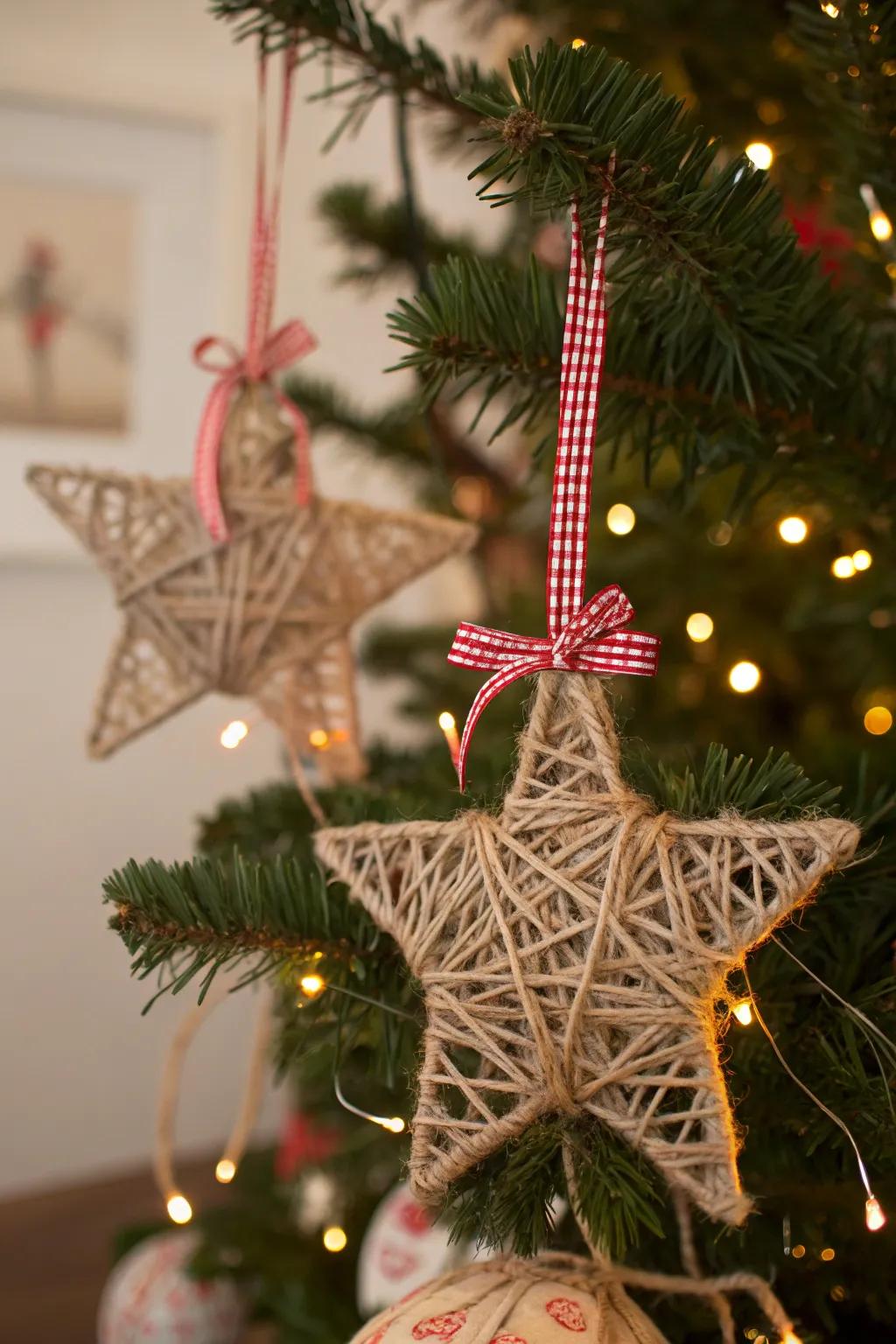 Rustic twine-wrapped star ornaments bringing a farmhouse feel to the holiday decor.