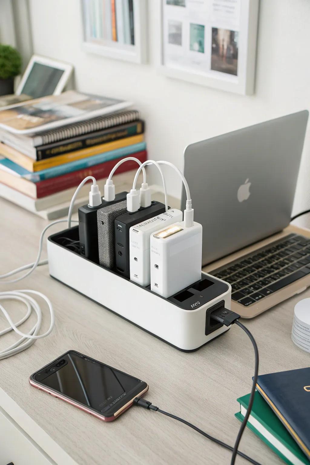 A charging station keeps devices organized and charged.
