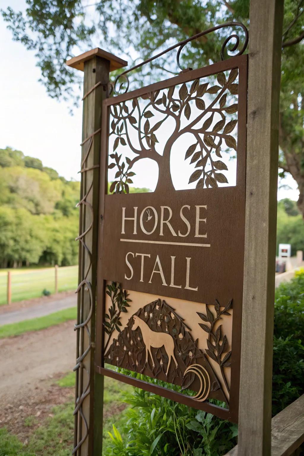 Nature-inspired components enriching an equine stall marker.