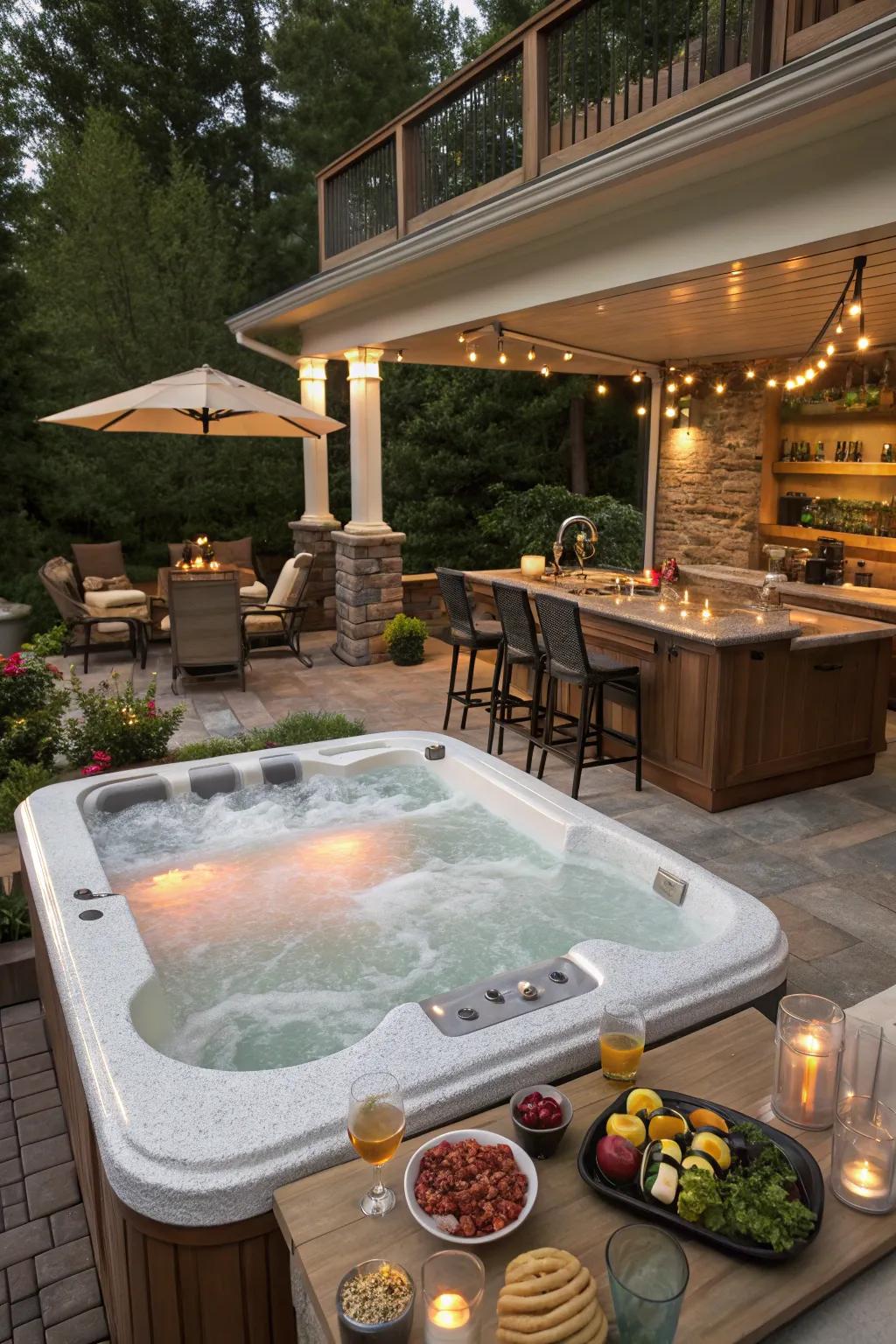 A bar space introduces convenience for dining and entertaining adjacent to the <strong><em>hot tub</em></strong>.” loading=”lazy” class=”pimg”>
	</picture><figcaption>A bar space introduces convenience for dining and entertaining adjacent to the <strong><em>hot tub</em></strong>.</figcaption></figure>
<p>A neighboring bar or refreshment zone renders entertaining by the <strong><em>hot tub</em></strong> effortless and pleasurable. From my experience, having a spot to arrange beverages or snacks genuinely refines the area.</p>
<h3>May just do the trick:</h3>
<ul class=