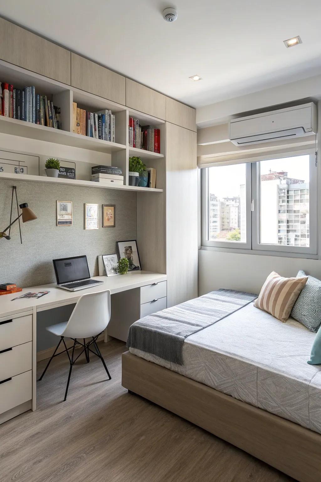 A functional multi-use room that serves as both an office and a guest space.