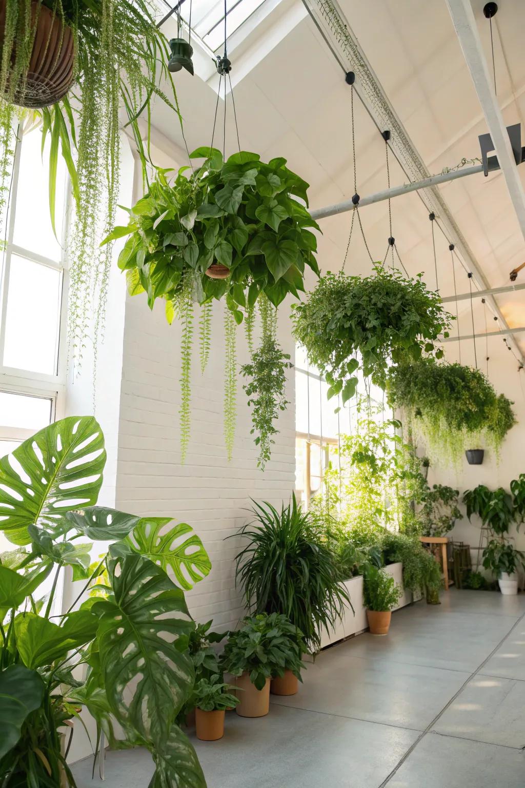 Suspended flora delivering a lush, airy sensation to the space.