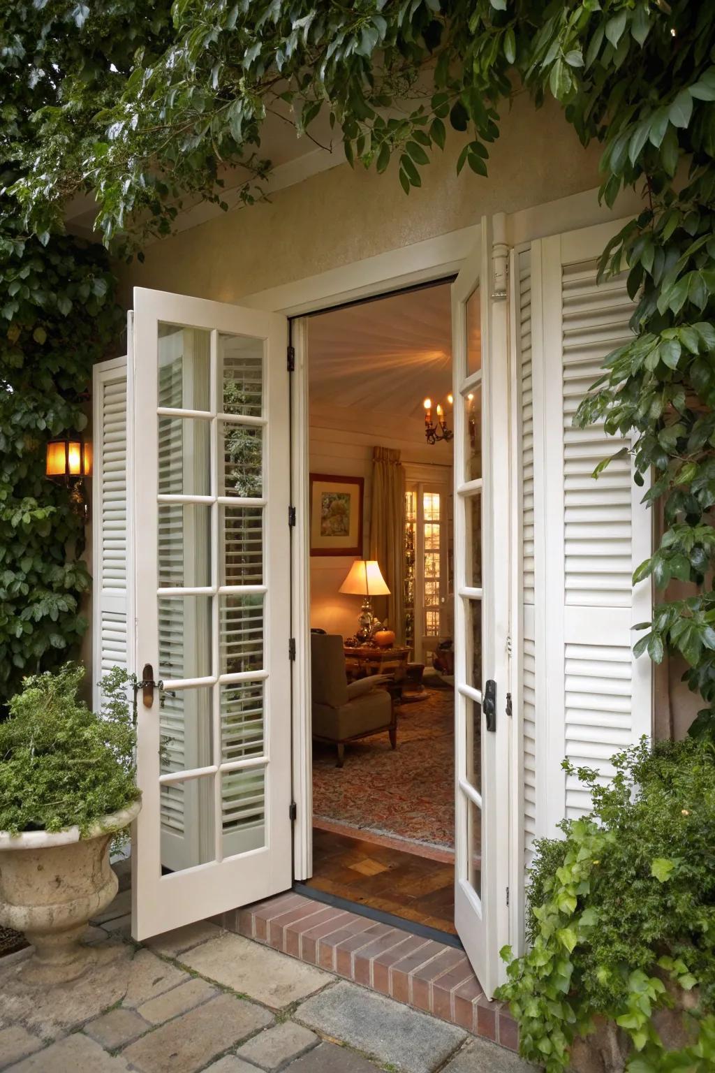 Estate shutters present a timeless and adaptable choice for French doors.