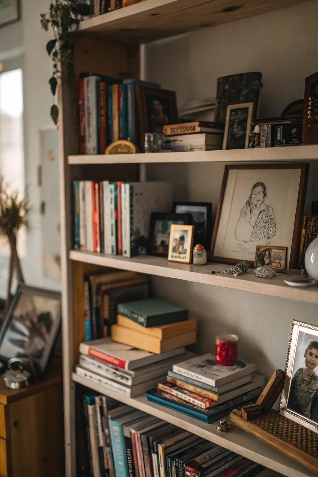 Bookshelf with individual mementos and keepsakes.