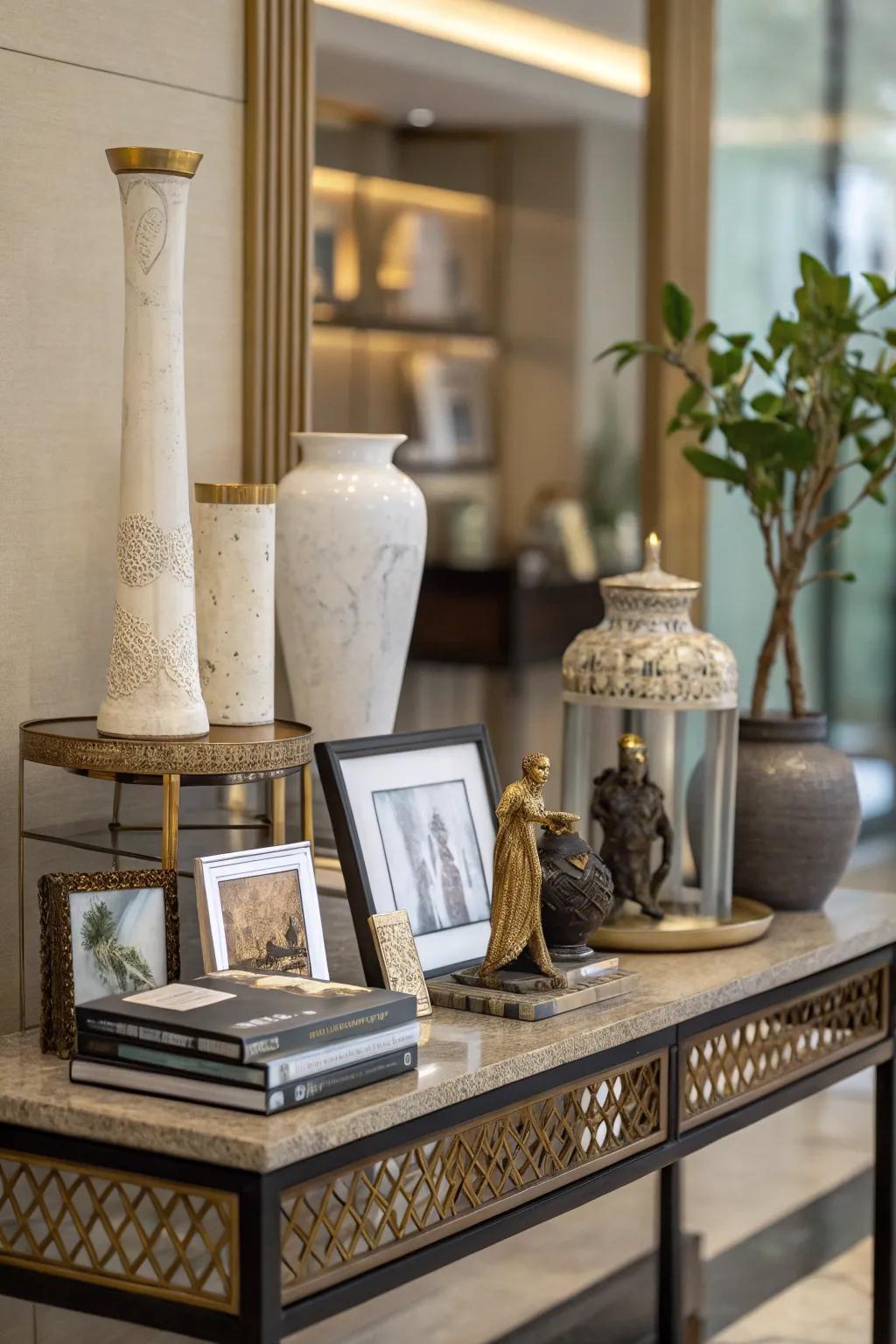 The use of height for eye catching decor on a console table.