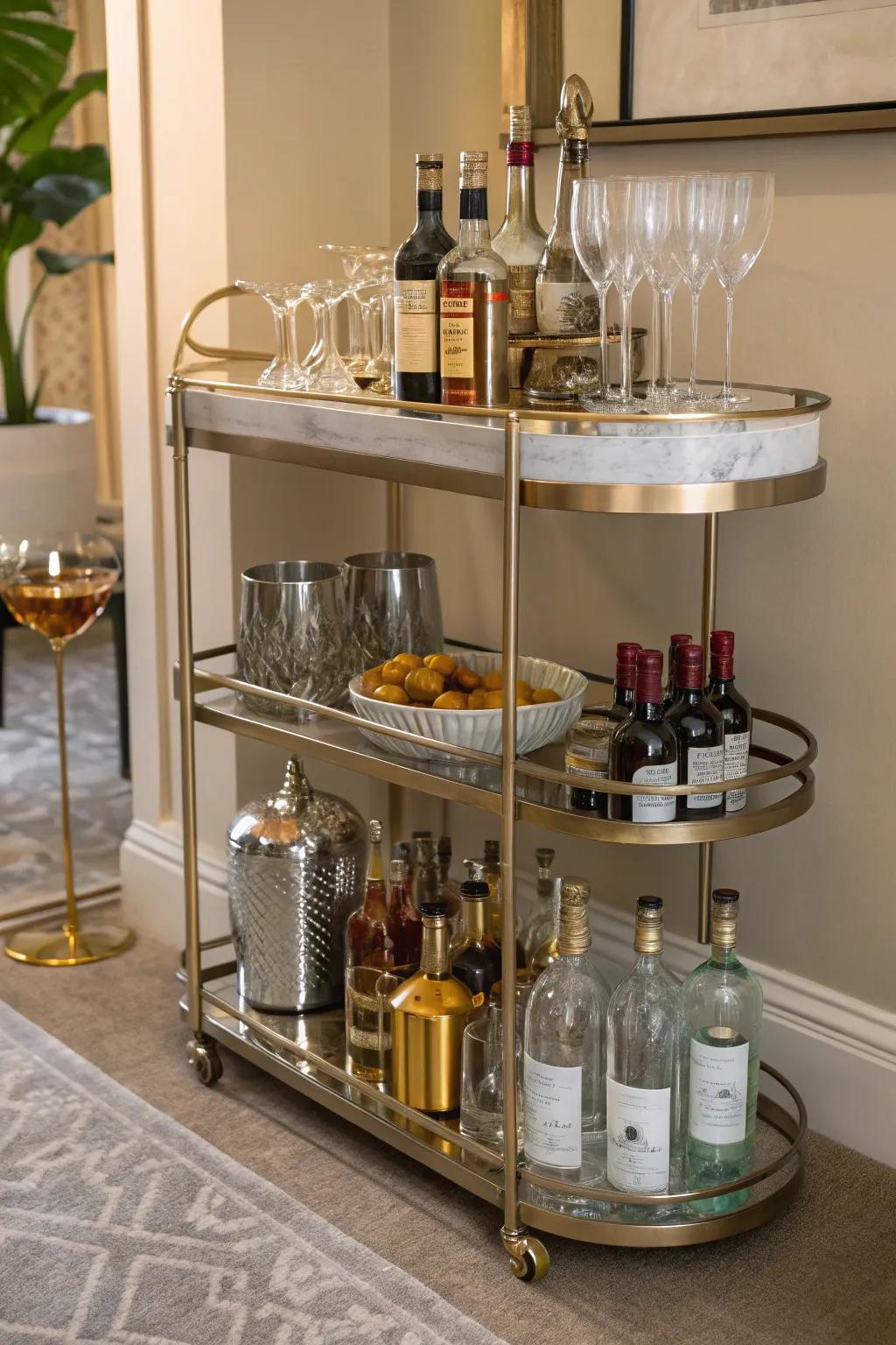 A serving trolley streamlines entertaining and adds flair to any corner.