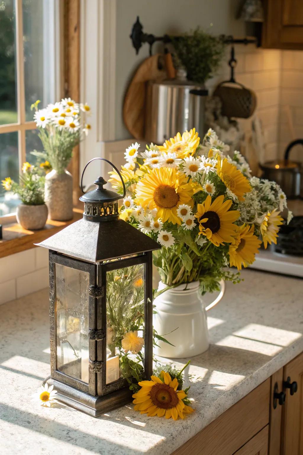 Radiant and cheerful summertime lantern showcasing sunflowers and daisies.