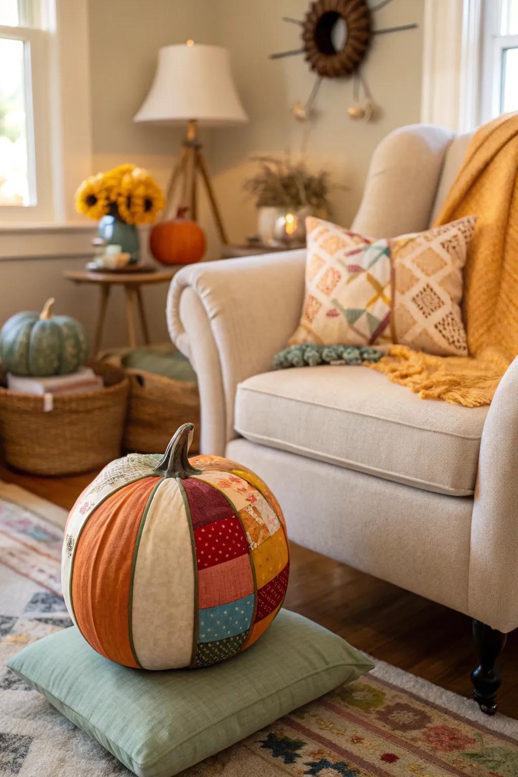 A pumpkin enveloped in fabric, radiating warmth and tactile appeal.