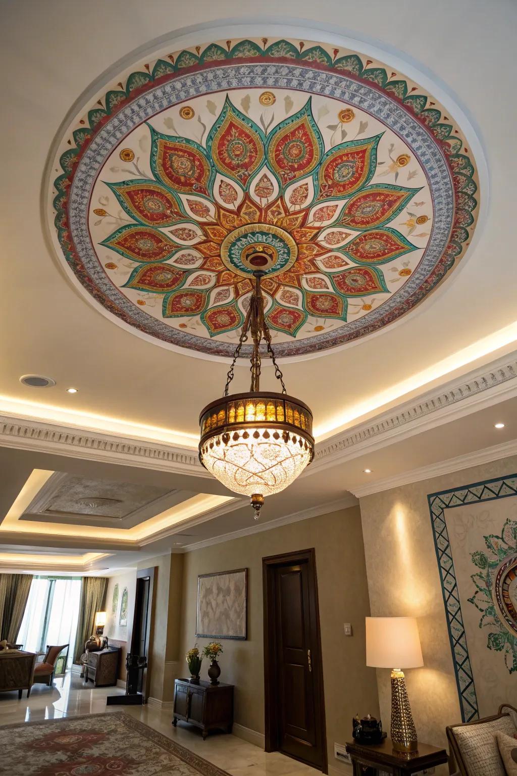 An elegant room featuring a vibrant roof medallion surrounding a lighting fixture.
