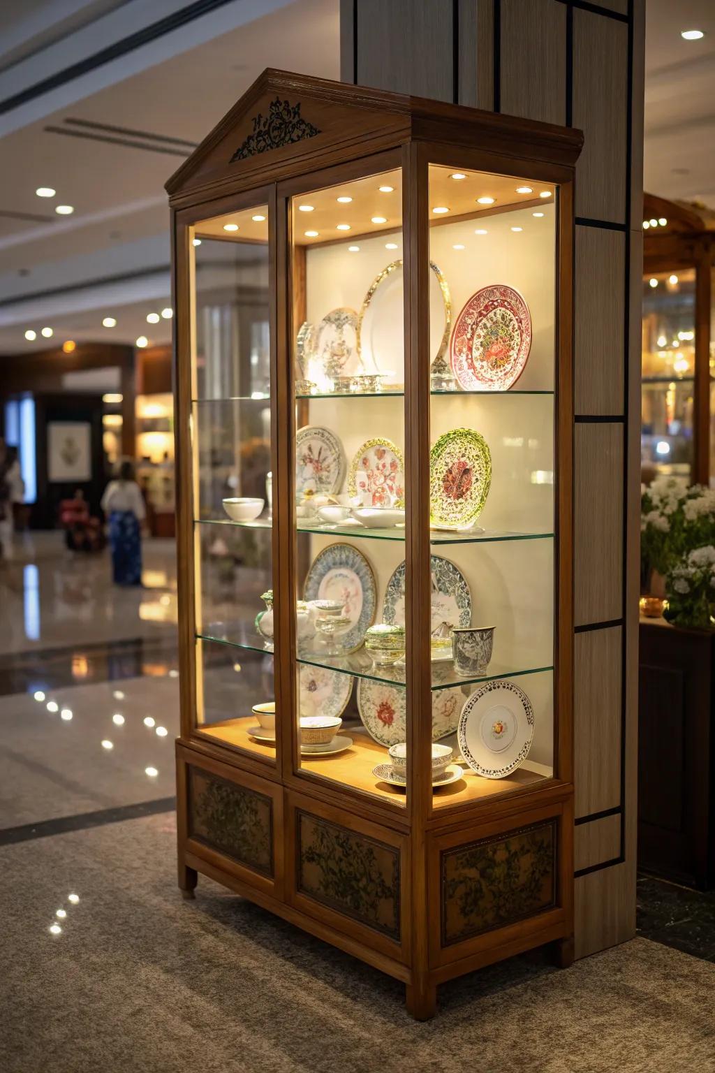 A illuminated display unit beautifully illuminating a collection of china.