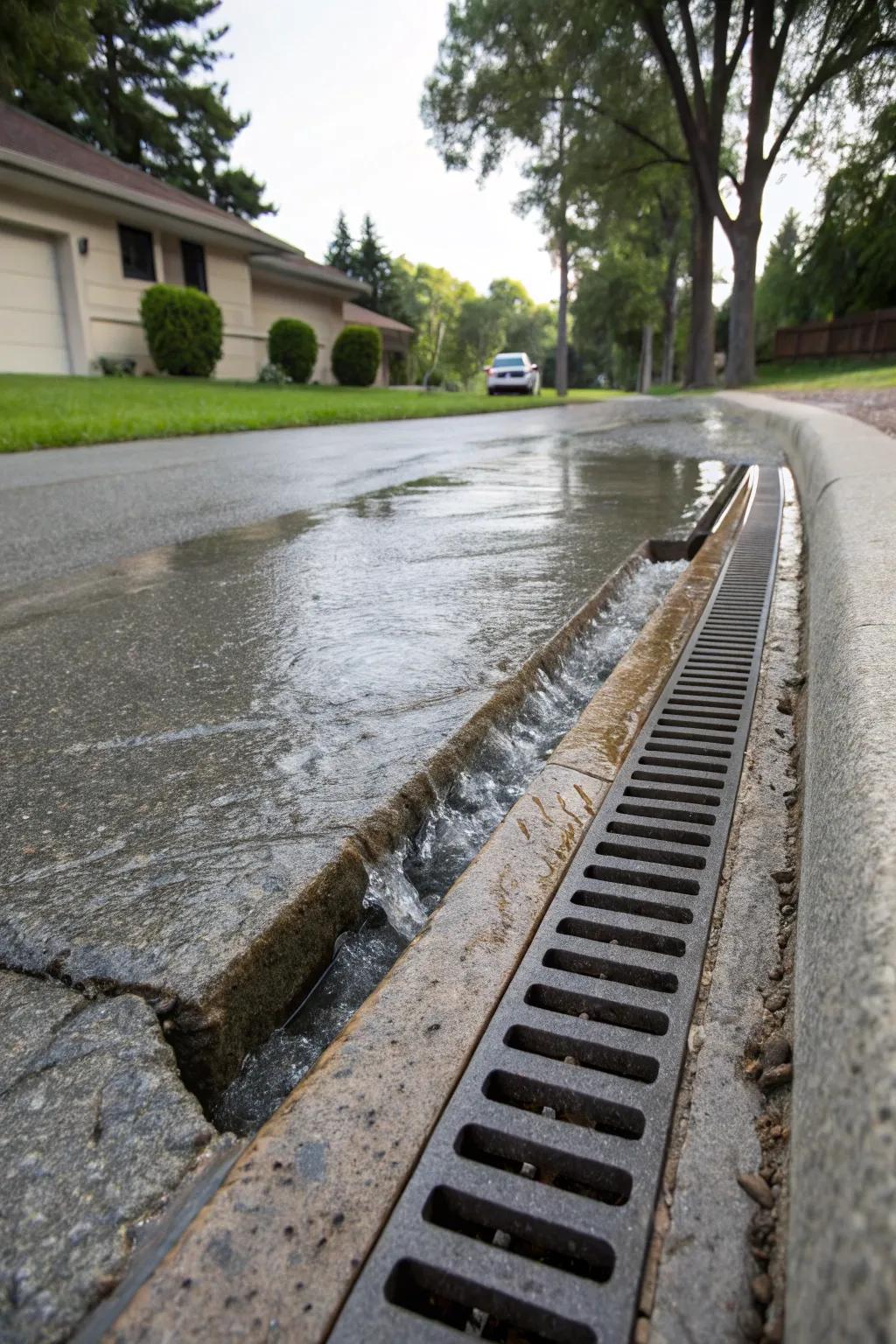 Trench drains keep paved areas clear of water accumulation.