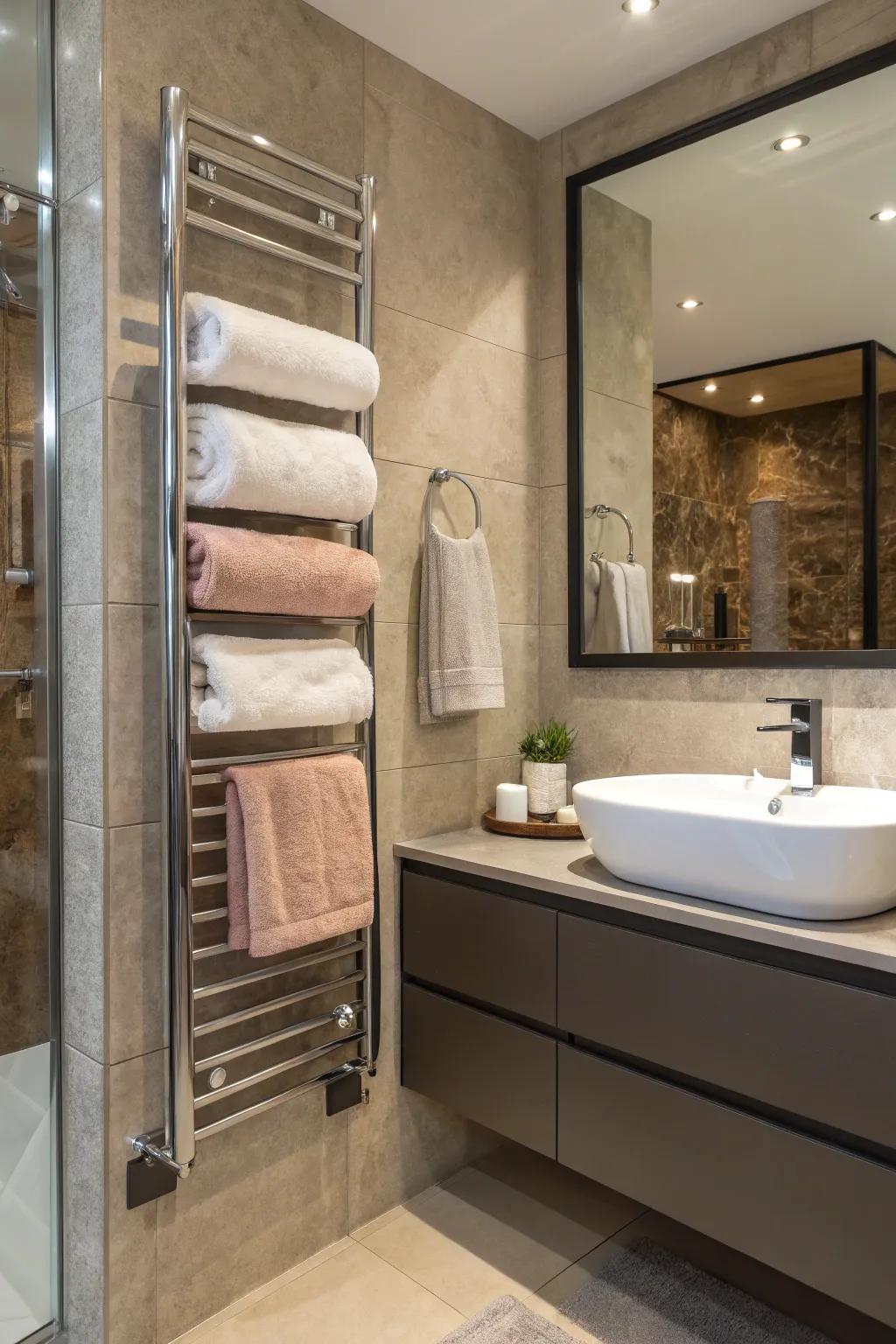 A towel warmer provides both luxury and practicality.