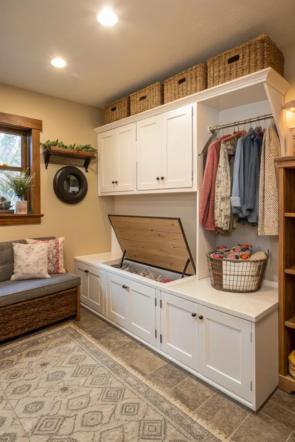 Storage benches provide seating and concealment.