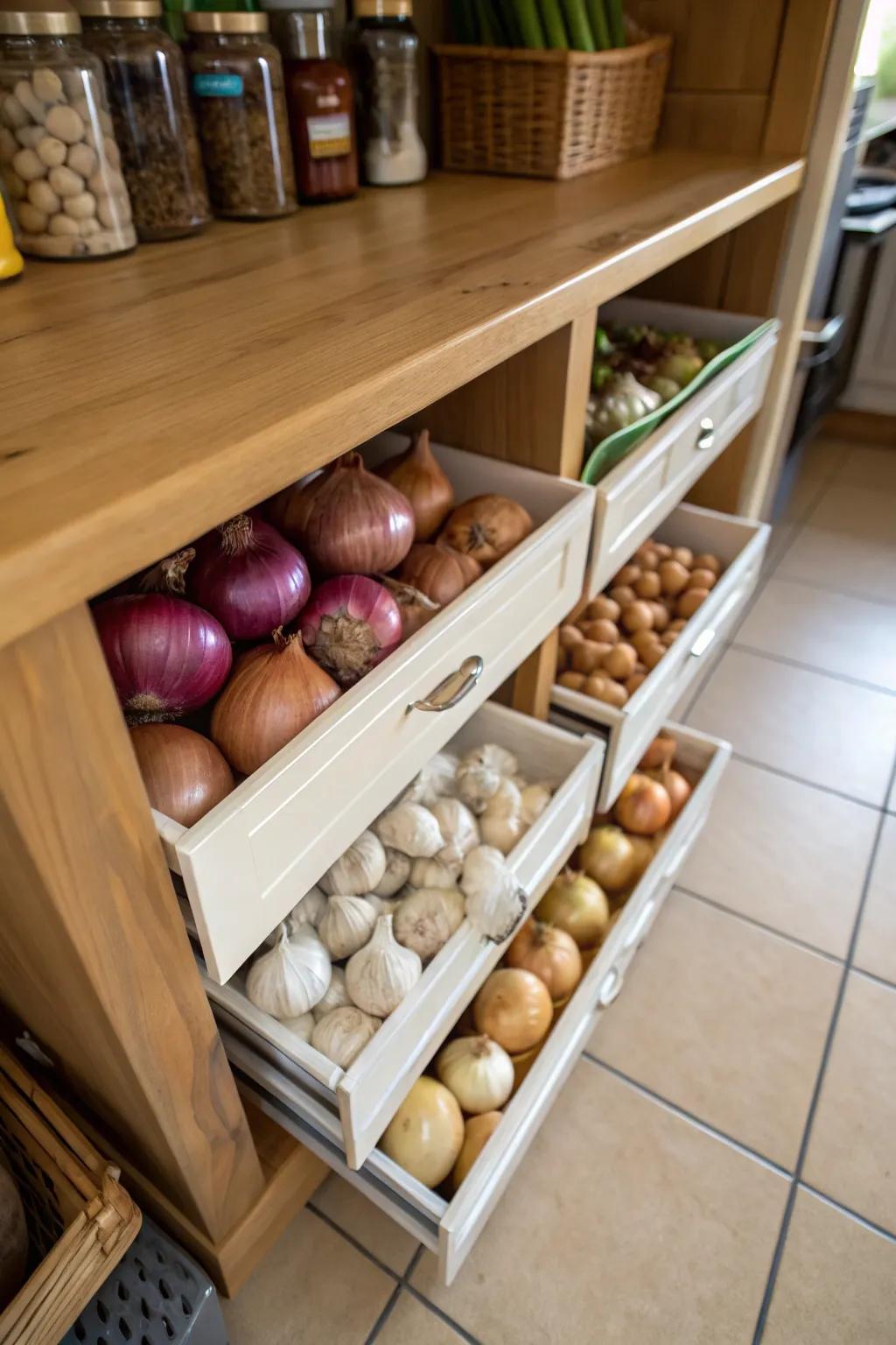 Under-shelf drawers provide convenient storage for produce.