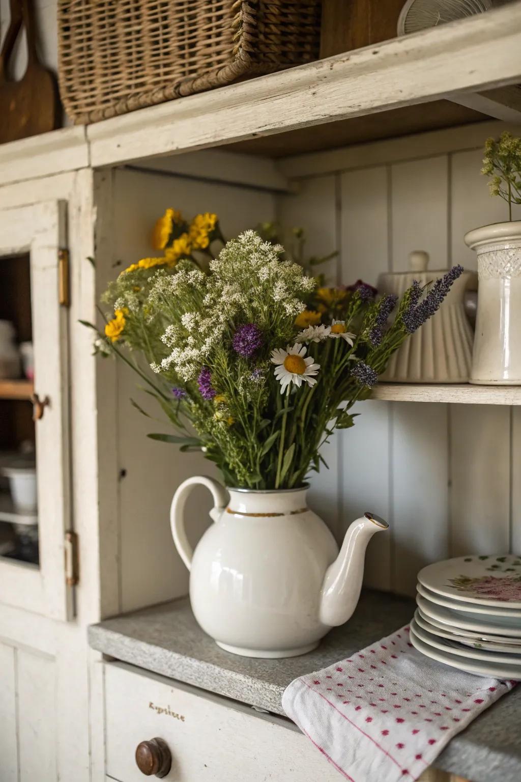 An unconventional receptacle utilized to showcase a relaxed floral design.