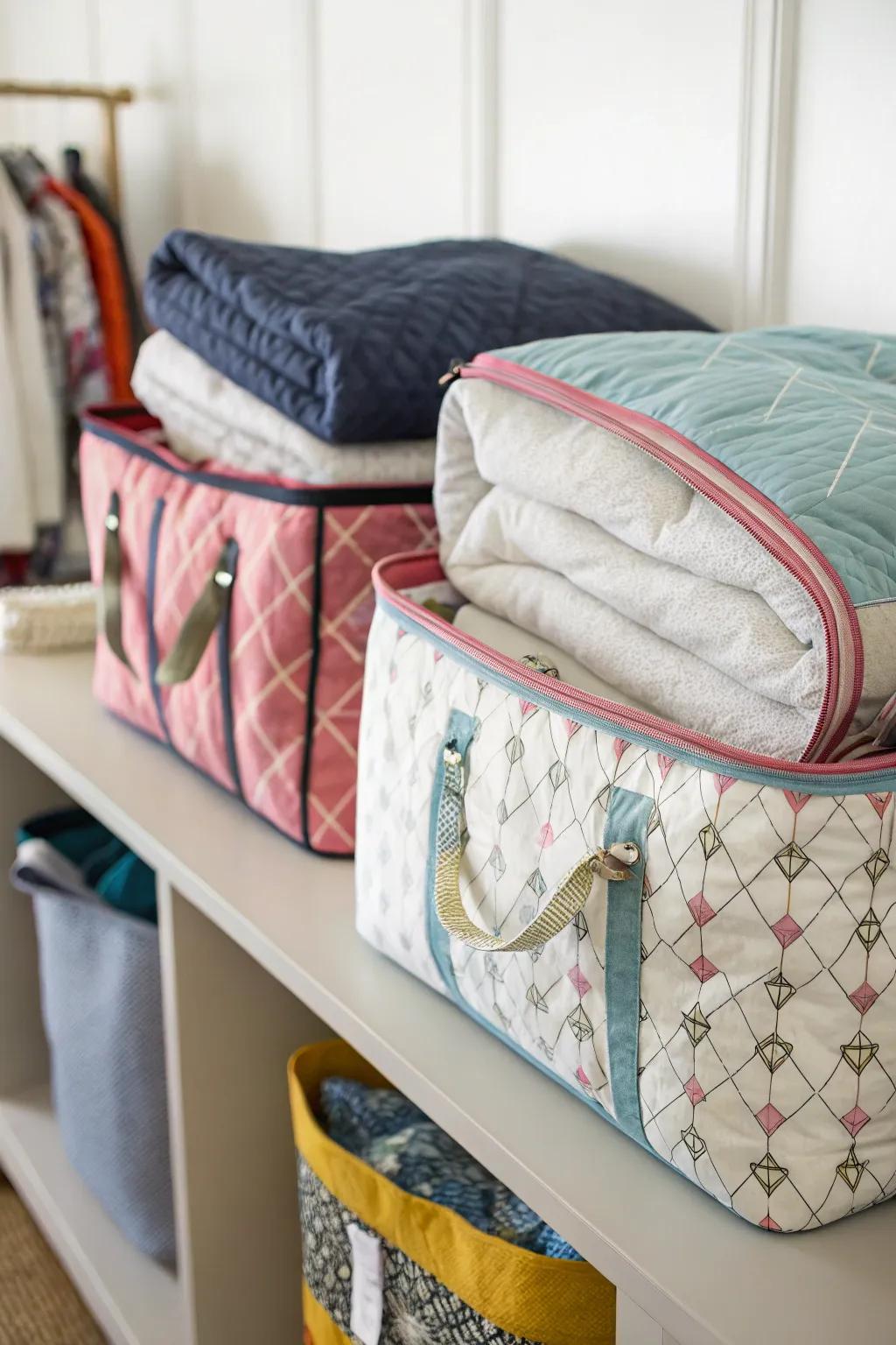 Fabric storage bags with zippers storing comforters on a shelf.