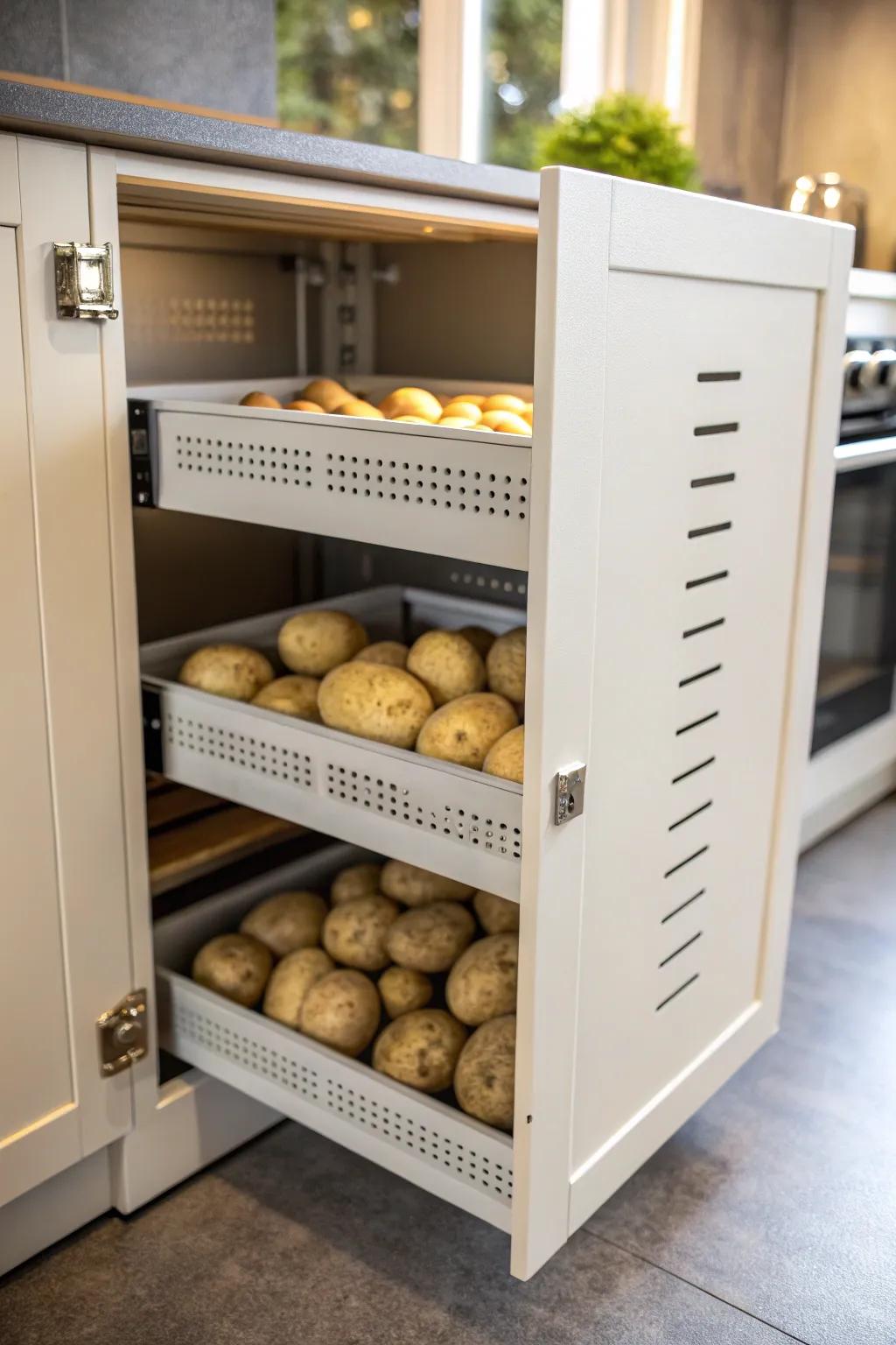 Inventive cupboard corner styled for superior potato preservation.