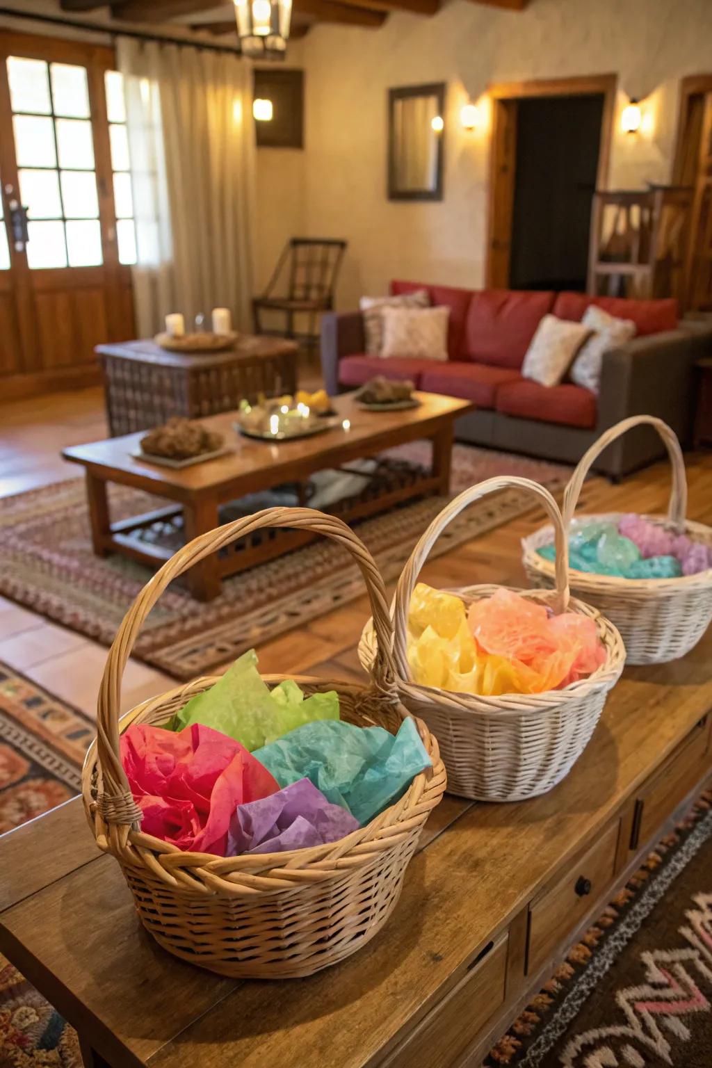 Woven baskets bring charming storage to tissue paper.