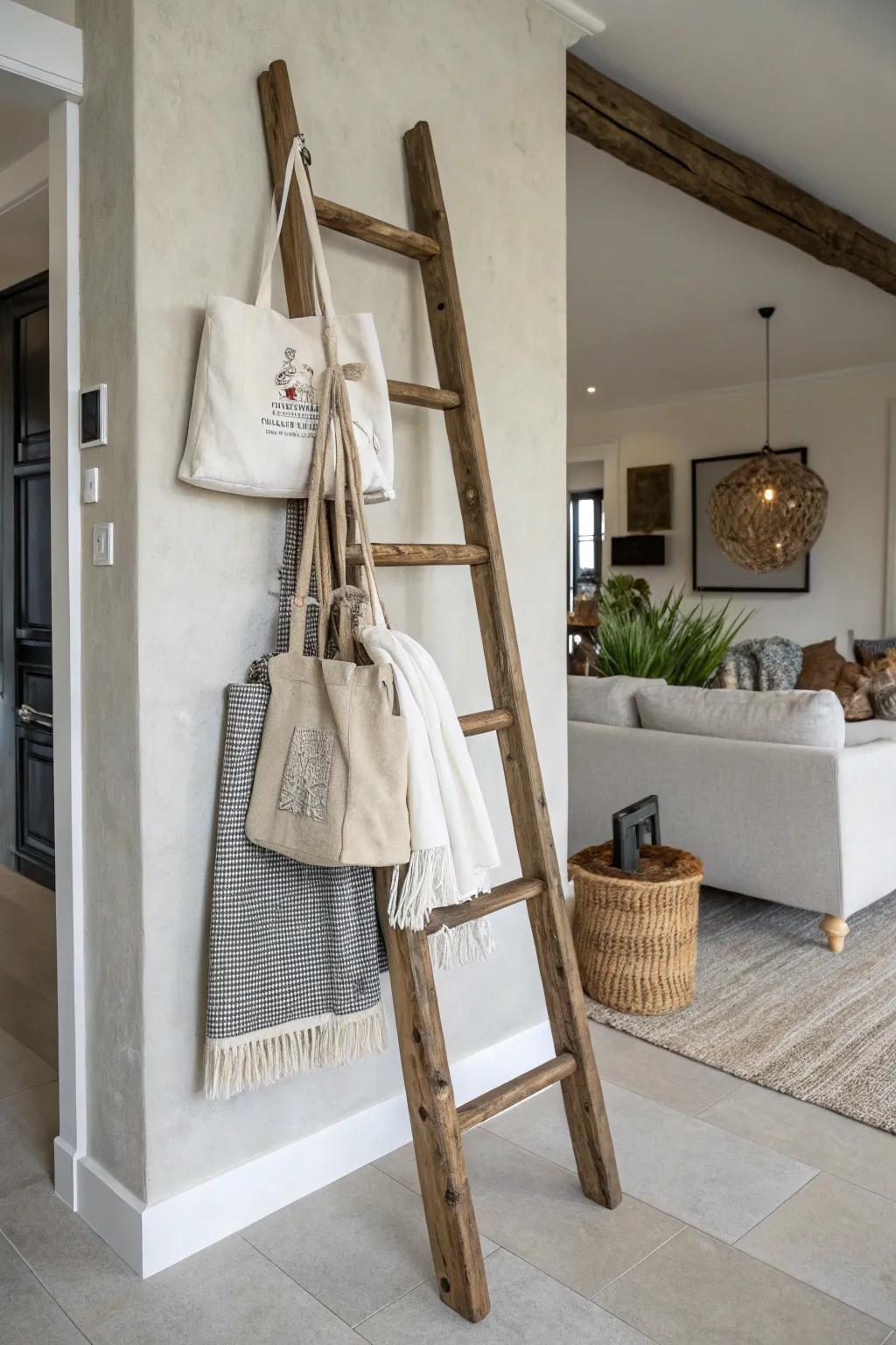 A step ladder adds countryside appeal to tote bag storage.