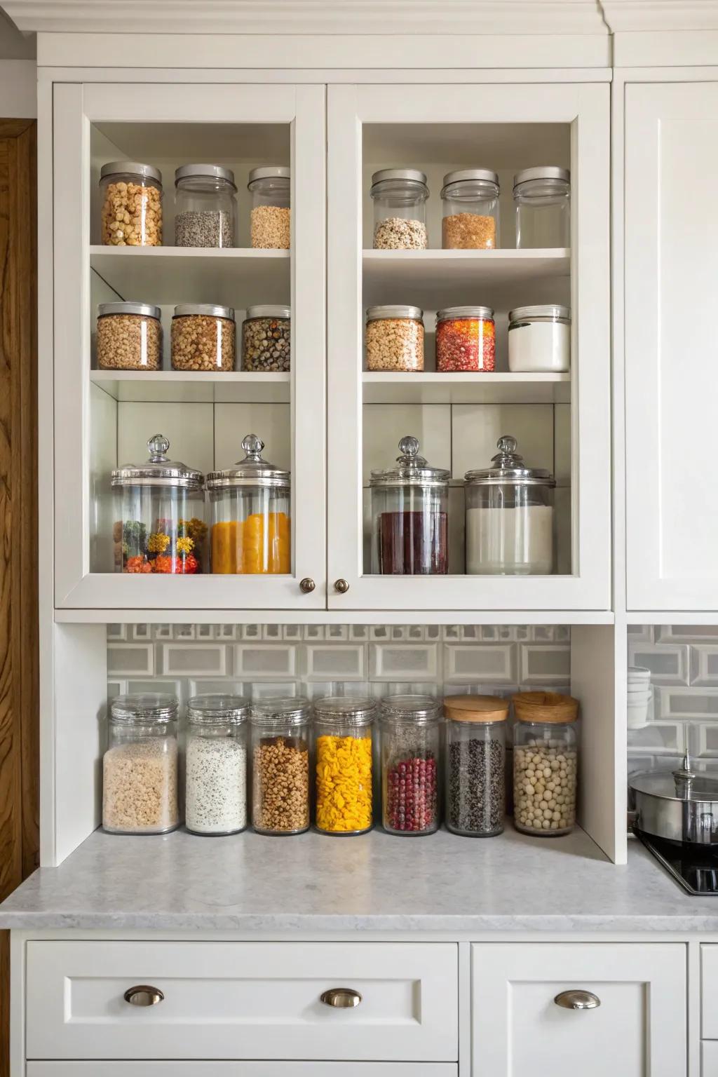 Sophisticated jars balancing function and aesthetic in the cabinet.