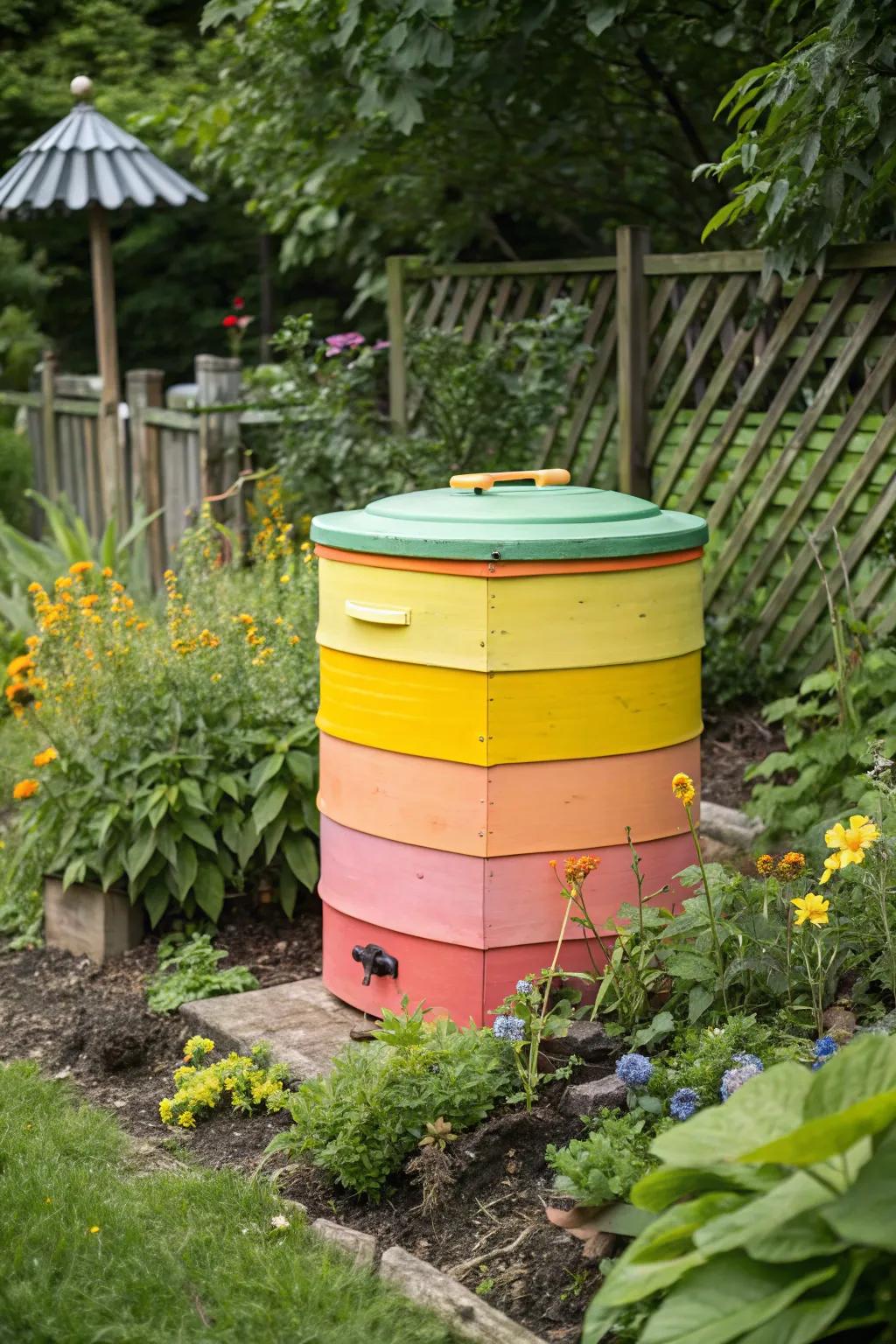A brightly painted compost bin makes a striking garden feature.