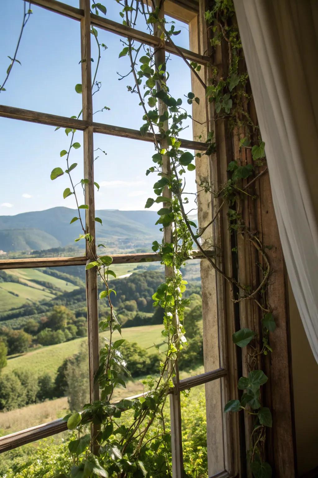 A scenic view framed by a Hoya on a window frame climbing frame.