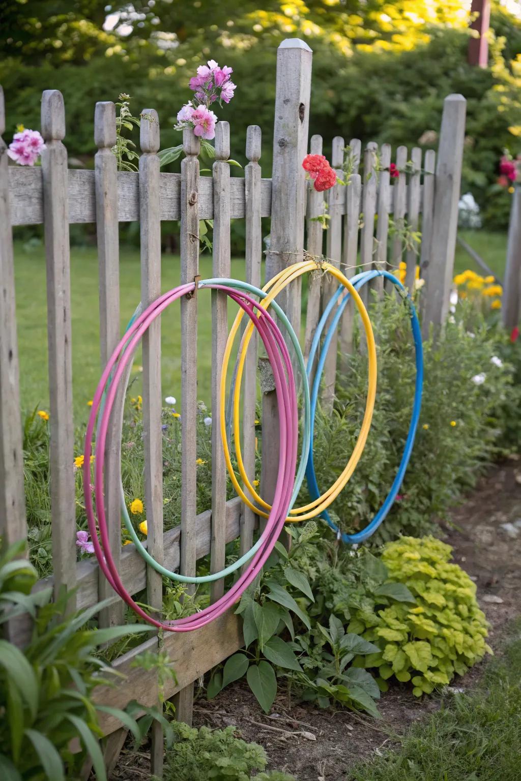 Playful rings creatively exhibited on a garden fence, thereby enhancing the outdoor visual appeal.