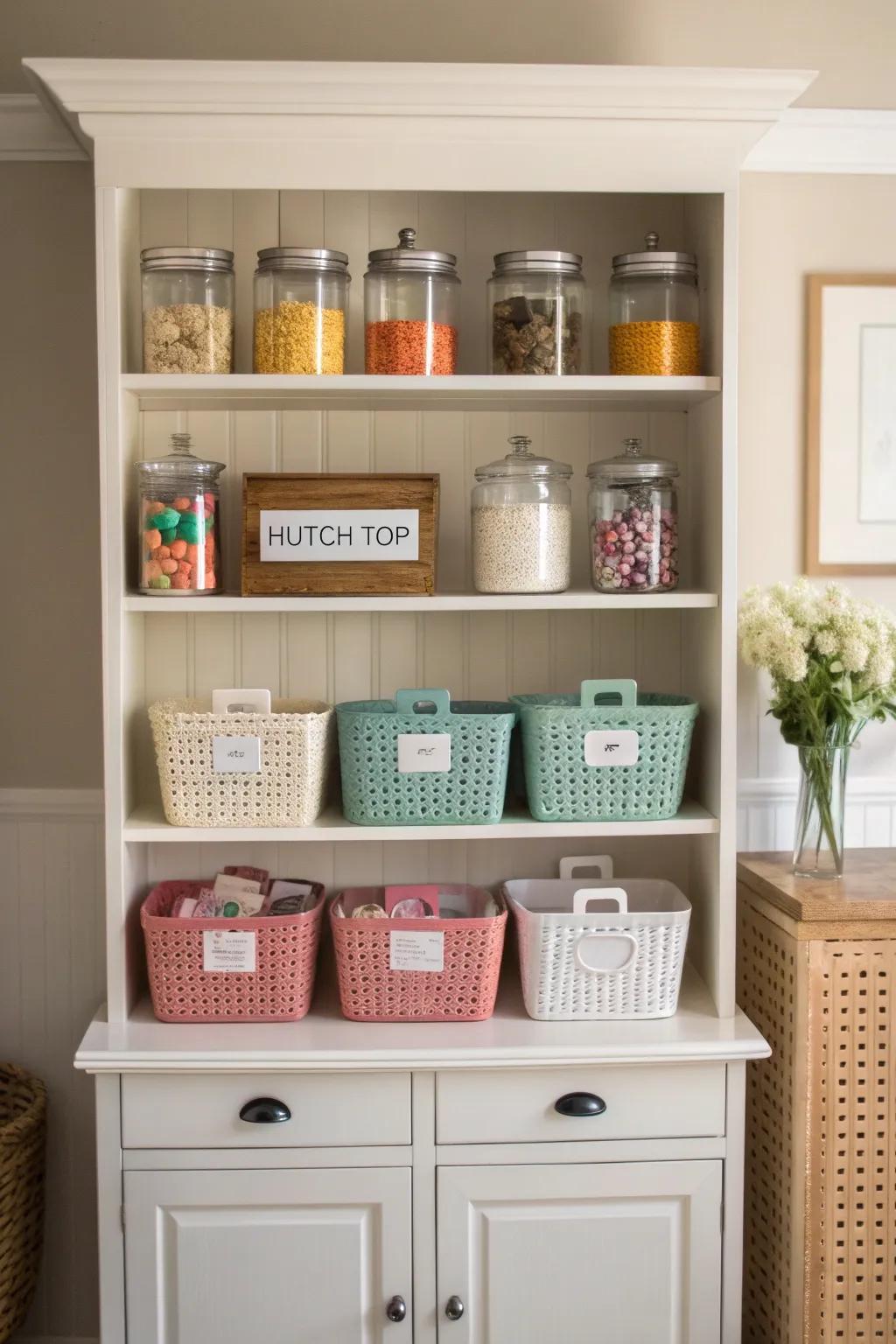 Maintain tidiness through receptacles on your cupboard top.