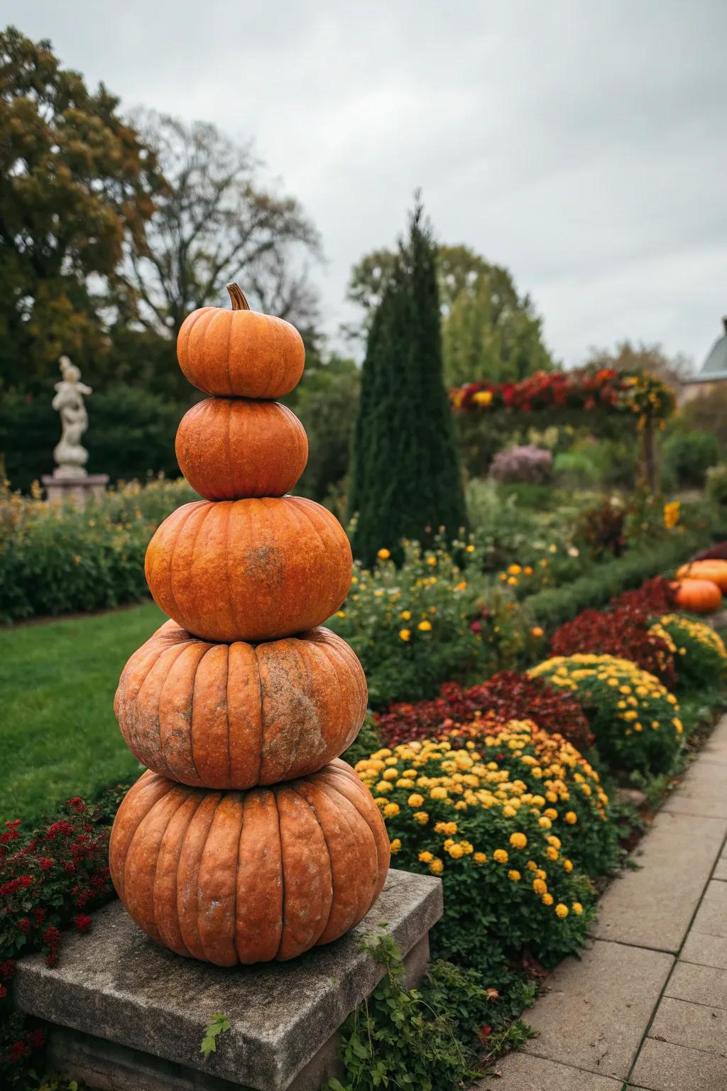 A pumpkin layered presentation that contributes altitude and elegance to exterior ornamentation.