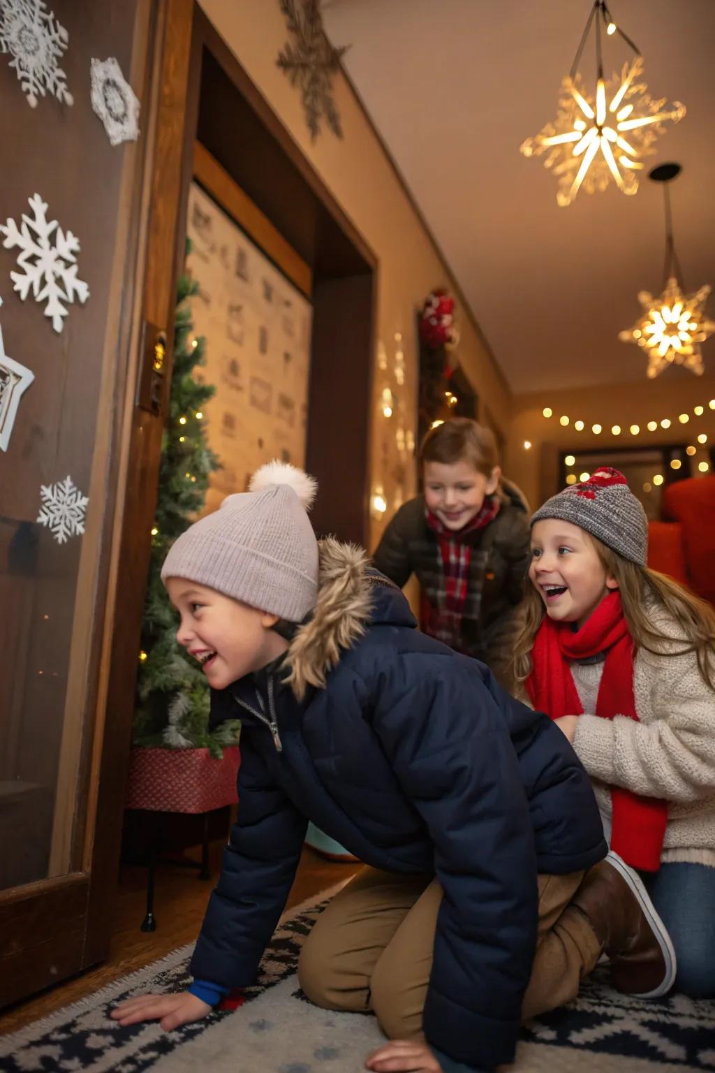 Children eagerly participating in a winter-themed indoor treasure hunt.