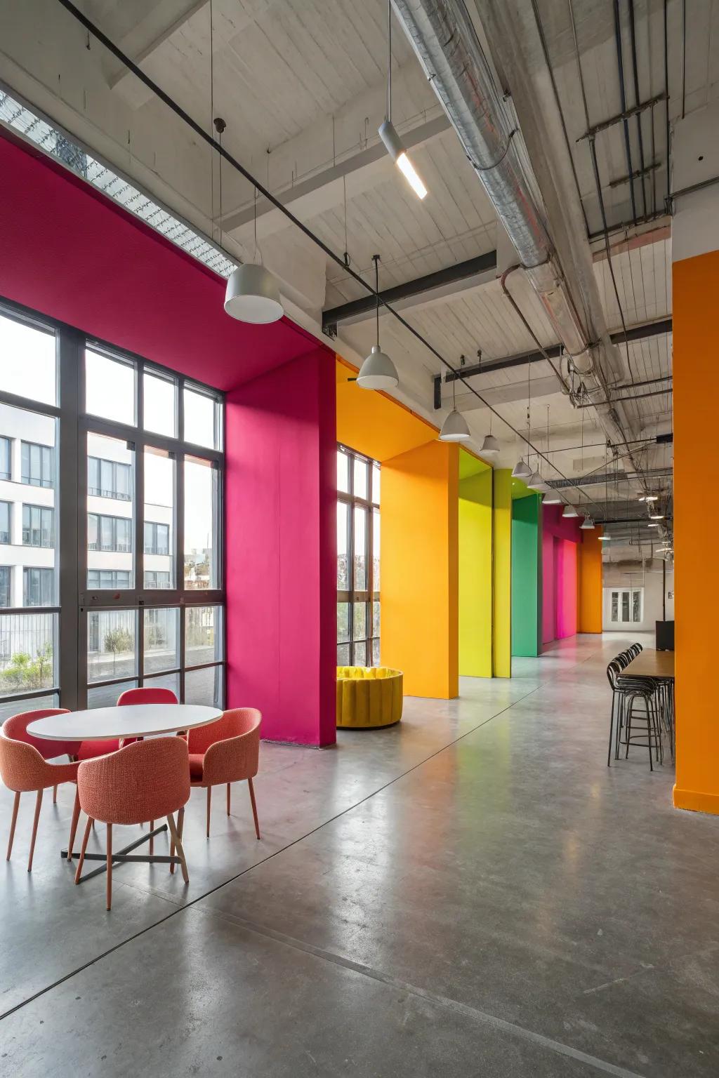 Vibrant hue partitioning across a resin floor delineates discrete segments within this expansive layout expanse.