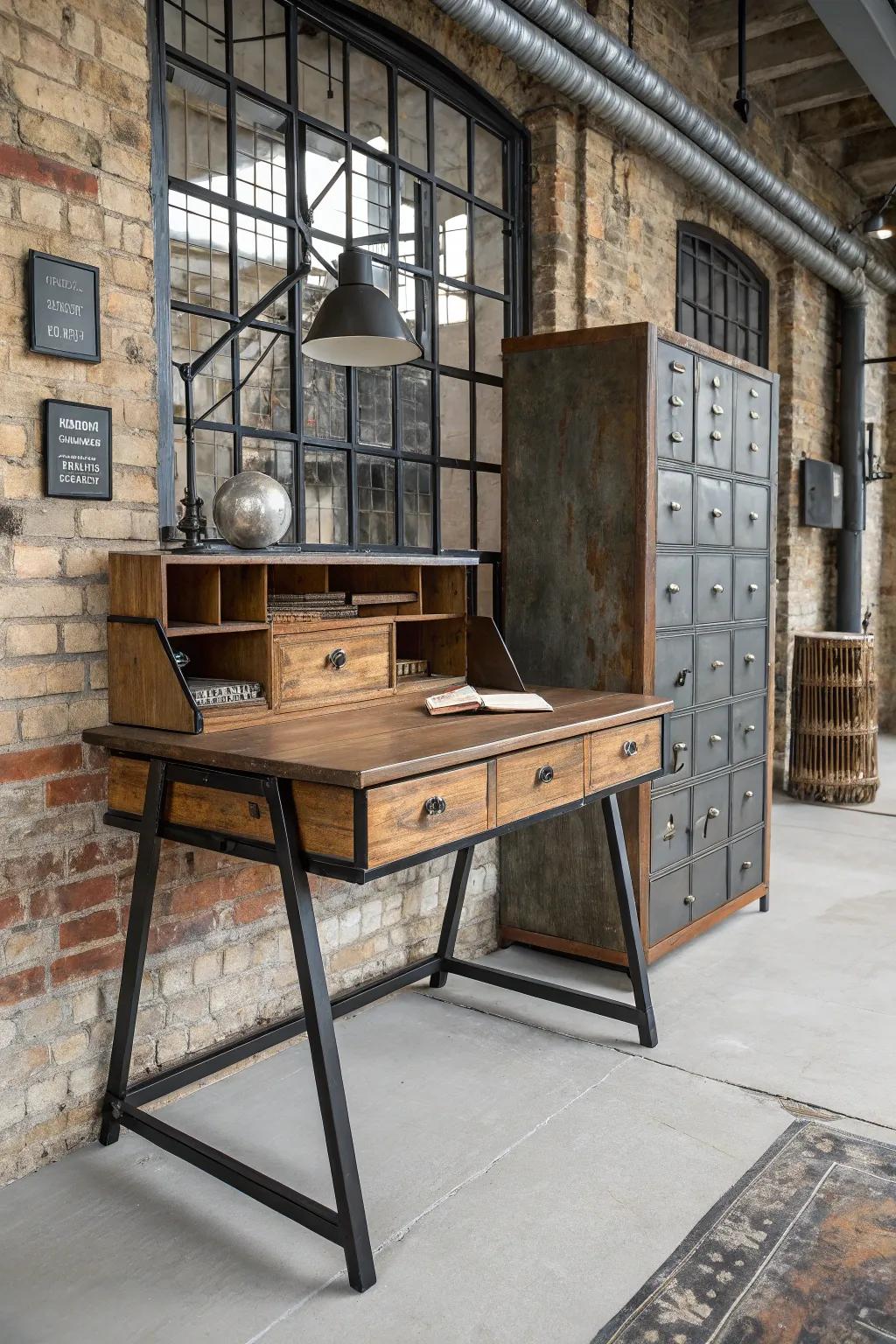 Mixing materials like wood and iron enlivens your desk.